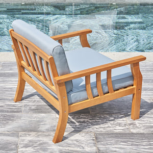 Homeroots 33" Natural Eucalyptus Slat Wood Outdoor Accent Chair With Aqua Cushion  Wood 389977