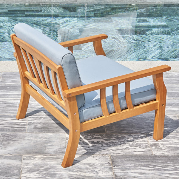 Homeroots 33" Natural Eucalyptus Slat Wood Outdoor Accent Chair With Aqua Cushion  Wood 389977