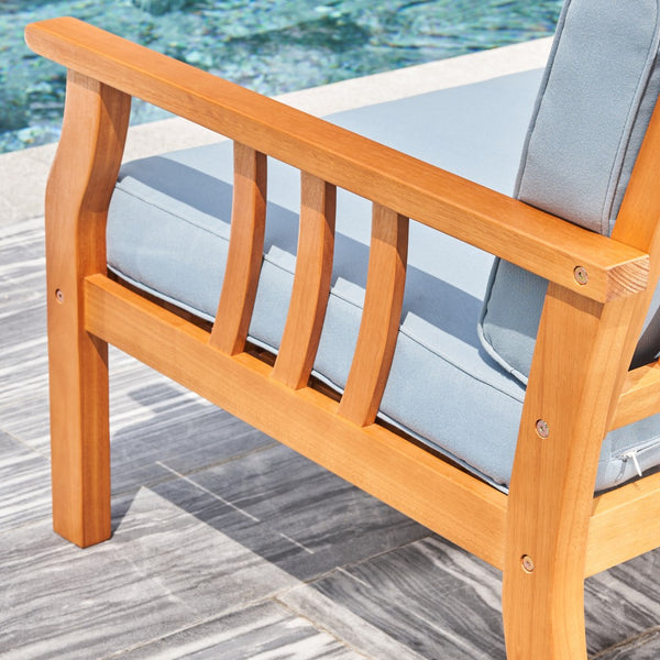 Homeroots 33" Natural Eucalyptus Slat Wood Outdoor Accent Chair With Aqua Cushion  Wood 389977