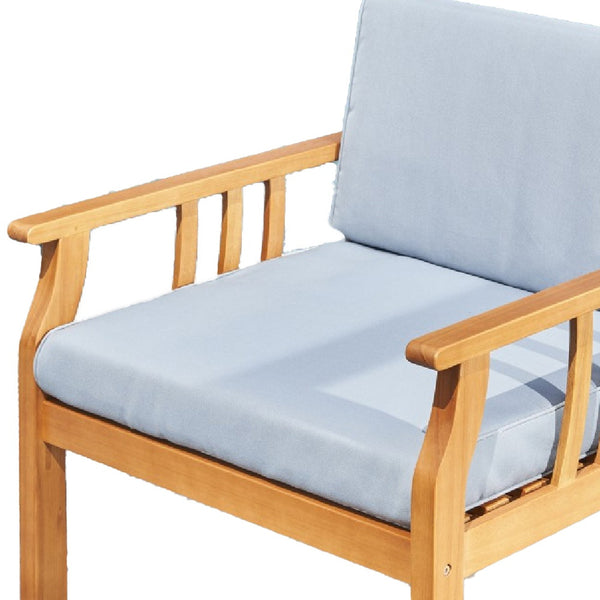 Homeroots 33" Natural Eucalyptus Slat Wood Outdoor Accent Chair With Aqua Cushion  Wood 389977