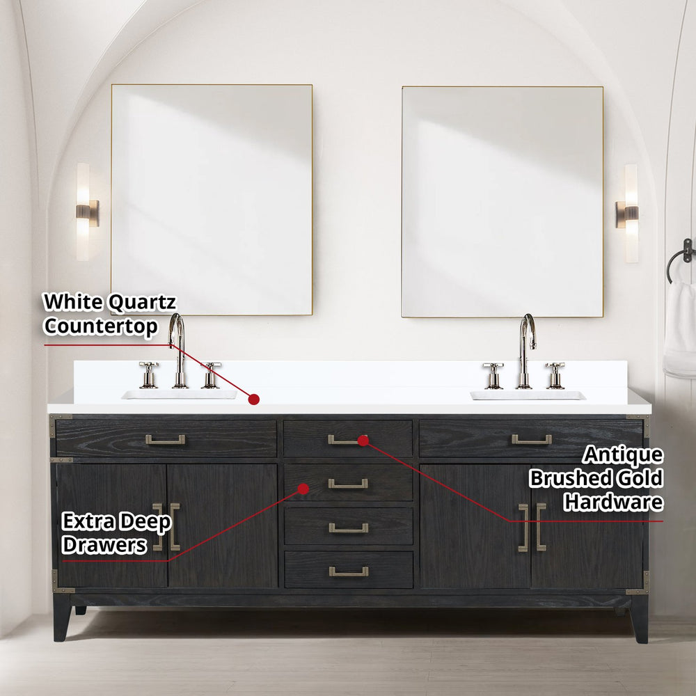 English Elm Black Oak Double Bath Vanity With White Quartz Top, Chrome Faucet Set & 36” Mirrors For Luxury Style B2731S02194
