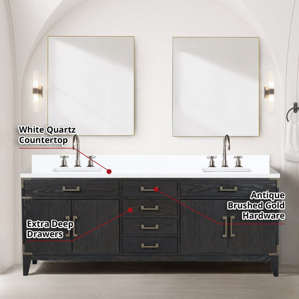 English Elm Black Oak Double Bath Vanity With White Quartz Top, Chrome Faucet Set & 36” Mirrors For Luxury Style B2731S02194