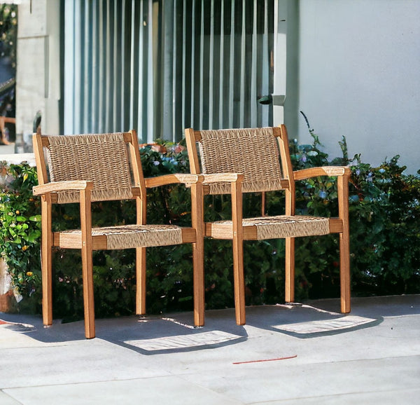 Homeroots 22" Set Of Two Natural Wood And Rattan Indoor Outdoor Dining Chairs  Wood 389994