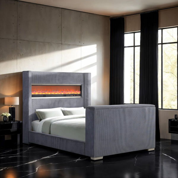 English Elm Black Eastern King Platform Bed Wingback Headboard with Motorized Tv Lift Fireplace Gray,Multi B2741S00800
