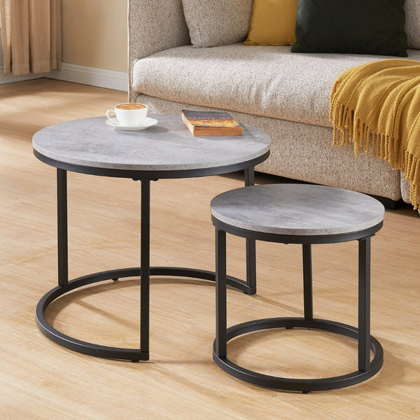 English Elm 24" Round Nesting Coffee Tables Faux Concrete Mdf Top Matte Black Metal Frame W3151P400586