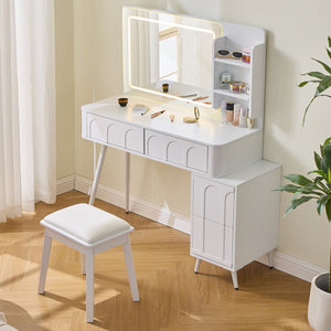 English Elm Modern Makeup Vanity Desk with Slide-Out Cabinet, LED Mirror, 4 Soft-Close Drawers & Cushioned Stool White N844P257529A