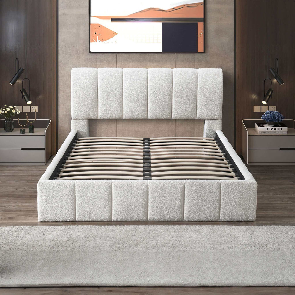 English Elm Ashcroft Furniture - Hilar White Boucle King Platform Bed With Hydraulic Storage, Adjustable Headboard & Modern Design B183S00051