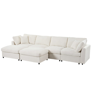 English Elm U_style Six Seat Chenille U Shaped Sectional Modular Sofa with Movable Ottomans Beige WY000474AAA