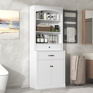 English Elm White Bathroom Storage Cabinet with Zinc Alloy Knobs, Adjustable Shelves, Smooth Drawers & Open Shelves for Organized, Durable MDF Storage (78.7" H) N725P252486K