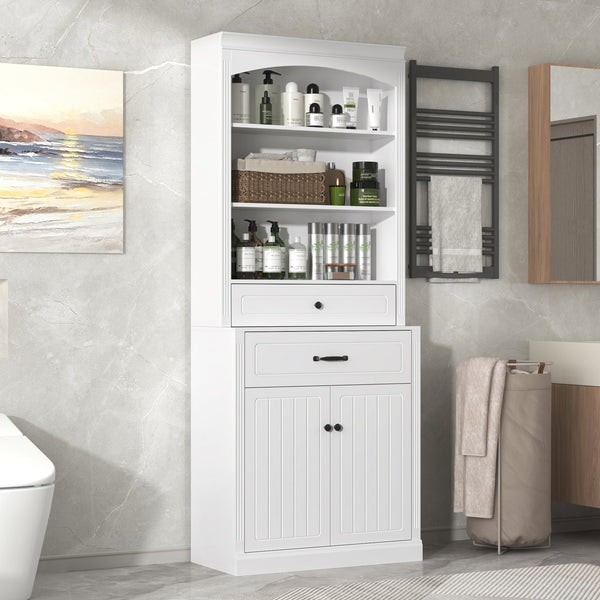 English Elm White Bathroom Storage Cabinet with Zinc Alloy Knobs, Adjustable Shelves, Smooth Drawers & Open Shelves for Organized, Durable MDF Storage (78.7" H) N725P252486K