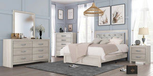 English Elm 1pc Modern Queen Panel Bed with LED Headboard, Faux Leather Upholstery, Button-Tufted Elegant Design Beige 82.3 L x 28 W x 10 H B011P244366