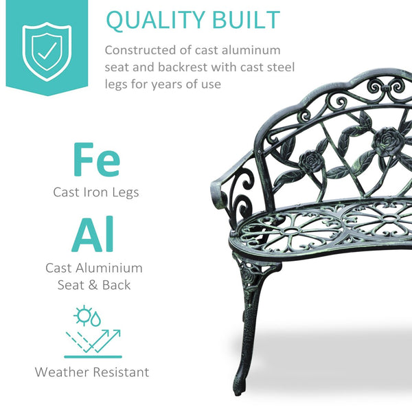 English Elm Outsunny Elegant Cast Aluminum Outdoor Bench With Floral Accents, Antique Green Finish For Patios W2225P174084-GIGA