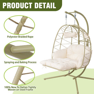 English Elm 2 Person Wicker Hanging Egg Chair with Stand Padded Cushions Patio Swing Seat T5880P500218