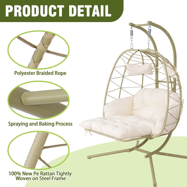 English Elm 2 Person Wicker Hanging Egg Chair with Stand Padded Cushions Patio Swing Seat T5880P500218