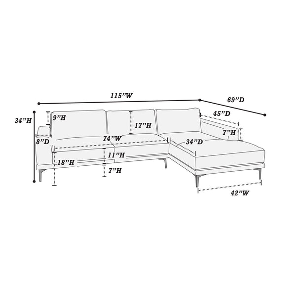 English Elm Left Facing Sofa Antique Grey Breathable Leatherette Sectional with Wide Chaise, Metal Legs, Modern Comfort pillows included B011S01065