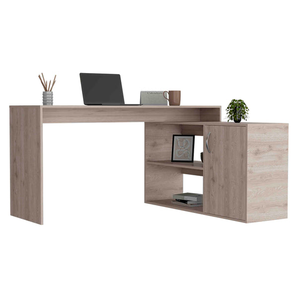 English Elm Antlia Beige L-Shaped Writing Desk with Cabinet & Two Shelves, Space-Saving Particleboard Design B128S00161