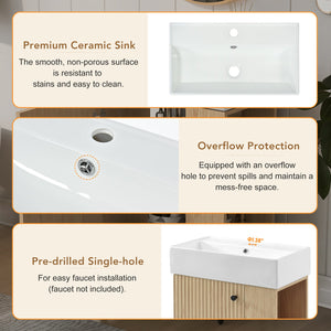 English Elm 21.6 inch Modern Floating Bathroom Vanity with Ceramic Basin, Wave Door, Rose Gold Handle Wood N729P170388D