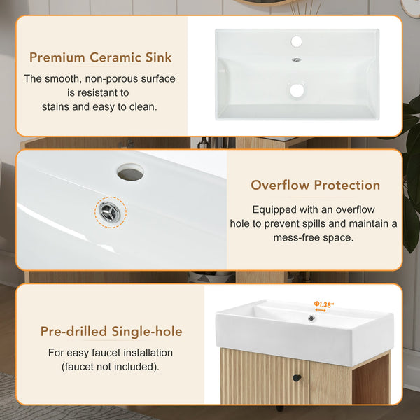 English Elm 21.6 inch Modern Floating Bathroom Vanity with Ceramic Basin, Wave Door, Rose Gold Handle Wood N729P170388D