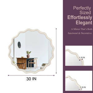 English Elm White 30 Inch Wavy Round Solid Wood Frame Mirror - Boho Elegant Tempered Glass Vanity Decor W2203P389084