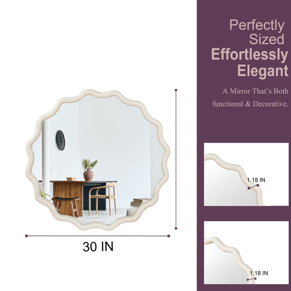 English Elm White 30 Inch Wavy Round Solid Wood Frame Mirror - Boho Elegant Tempered Glass Vanity Decor W2203P389084