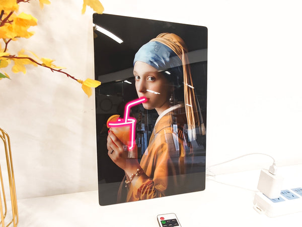 English Elm 24X16 Neon Style Led Wall Art – Illuminated Girl With Pearl Earring Acrylic Print For Modern Spaces T3976P383261