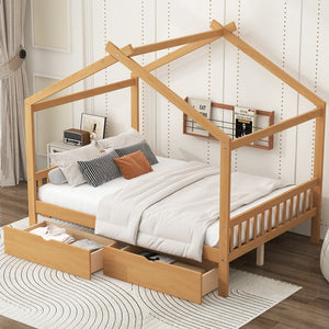 English Elm Full House Platform Bed with Roof Design and Two Drawers, Pine/MDF Durable Frame, Kid-Friendly Cozy Finish Natural WF292923AAD