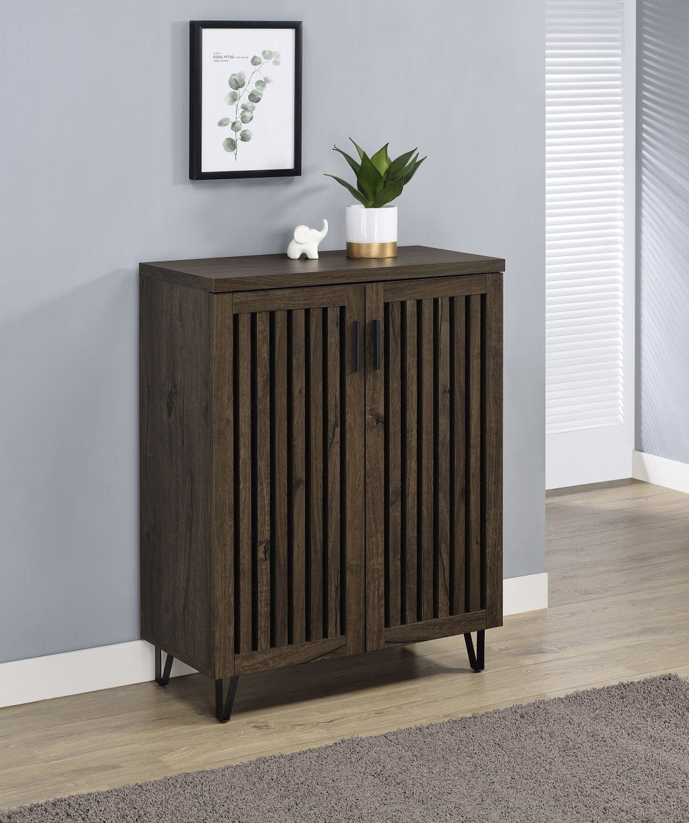 English Elm 2-door Entryway Shoe Cabinet with Slatted Doors Smoked Laminate Finish and Metal Legs Oak,Smoke B016P473427