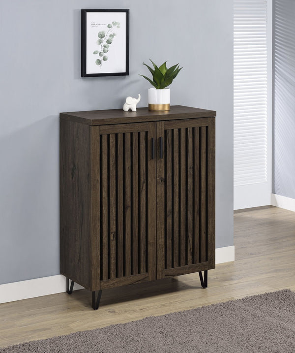 English Elm 2-door Entryway Shoe Cabinet with Slatted Doors Smoked Laminate Finish and Metal Legs Oak,Smoke B016P473427