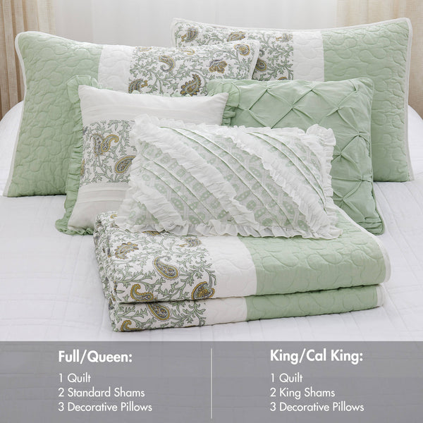 English Elm 6 Cotton Percale Quilt Set Full/Queen with 3 Decorative Pillows Breathable Printed Cotton Blend Comfort Sage Green 22.83 L x 17.72 W x 7.09 H B035P294112