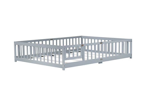English Elm Queen Floor Bed with Safety Fence and Guardrails, Rubberwood Low Profile Platform for Kids Grey W504P286386