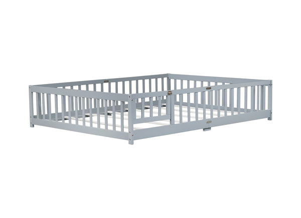 English Elm Queen Rubber Wood Floor Bed with Full Perimeter Safety Fence and Hinged Access Door Grey W504P429339