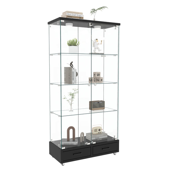 English Elm Modern Glass Display Cabinet With Led Lighting & Drawers – Elegant Black Storage Solution For Home W241P268282