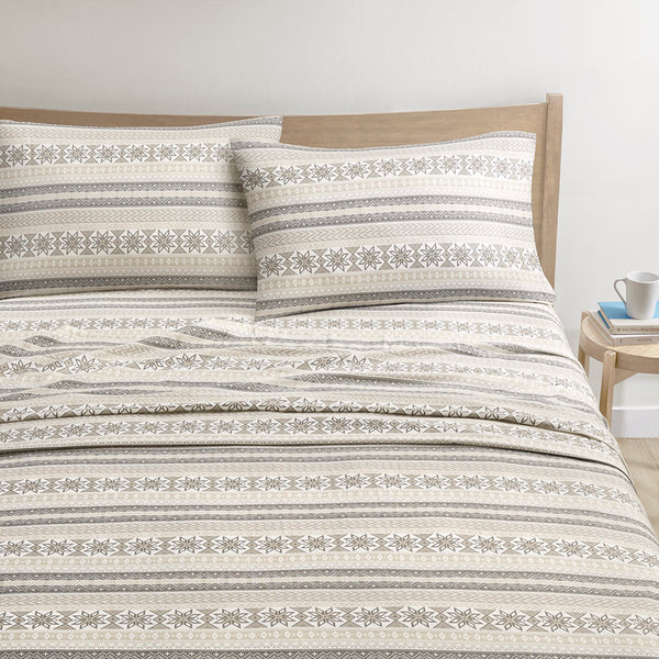 JLA Home True North by Sleep Philosophy - Printed ultra-soft cotton flannel sheet set — OEKO-TEX certified, brushed warmth, durable cozy care Gray/Taupe Nordic TN20-0521