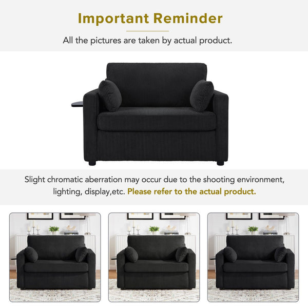 English Elm Twin Convertible Sofa Bed with Foldable Side Table, USB Ports, Storage Pocket & Lumbar Pillows for Small Spaces Black N719S002030B