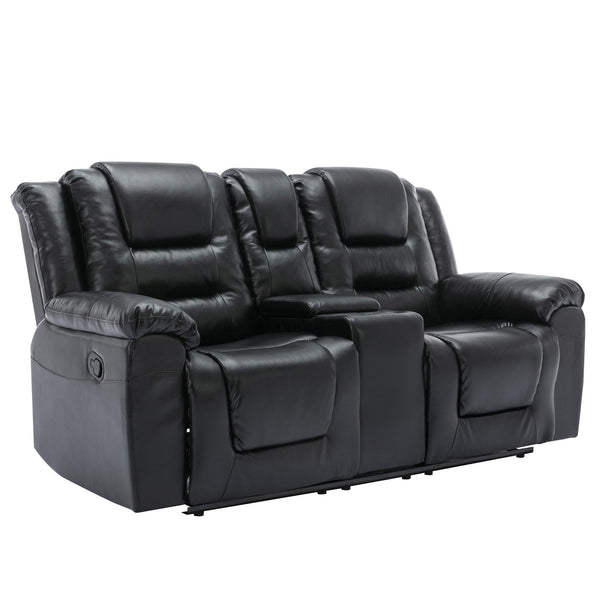 English Elm 2 Seater Home Theater Recliner with Cup Holders and Hidden Storage Box, PU Upholstery, Manual Recline Comfort Black WF323619AAB