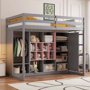 English Elm Twin Loft Bed with Wardrobe Shelves and Cabinet Kids Bedroom Wood Storage Frame Pink+Grey N708S00023E