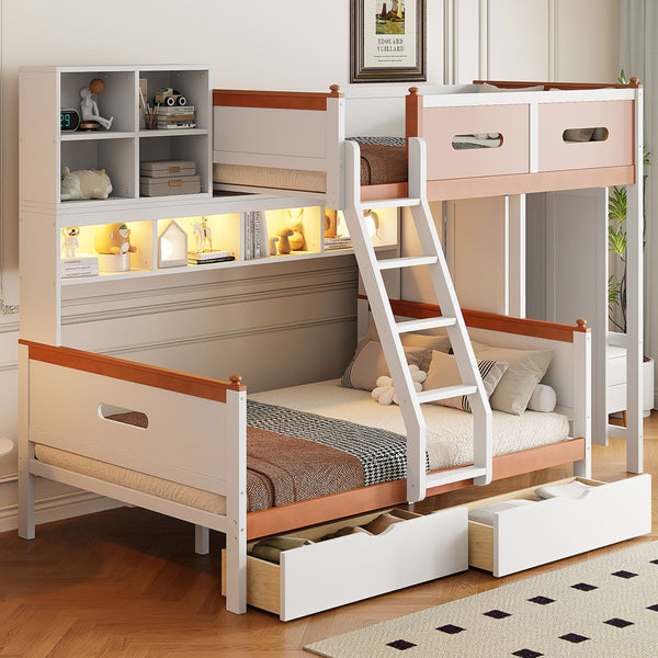 English Elm Twin Over Full Wooden Bunk Bed With Stylish Storage, Led Light, Drawers, And Wardrobe In White & Orange N820S00063K-GIGA