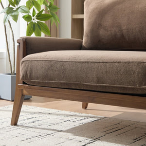 English Elm Mid-century Modern Boucle Upholstered Three Seat Sofa with Walnut Finish Wood Legs Dark Brown N773P411407D