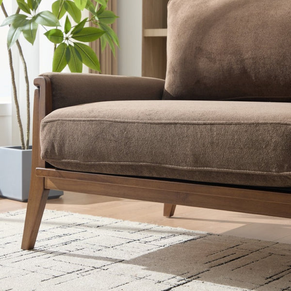 English Elm Mid-century Modern Boucle Upholstered Three Seat Sofa with Walnut Finish Wood Legs Dark Brown N773P411407D