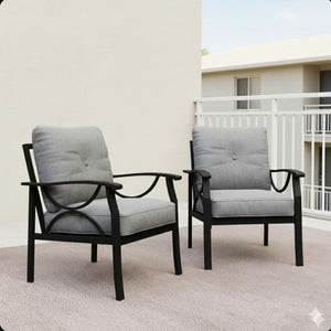 English Elm Set of 2 Outdoor Steel Armchairs Powder Coated Matte Frame with Cushioned Patio Seating Black+ Gray B082P455145