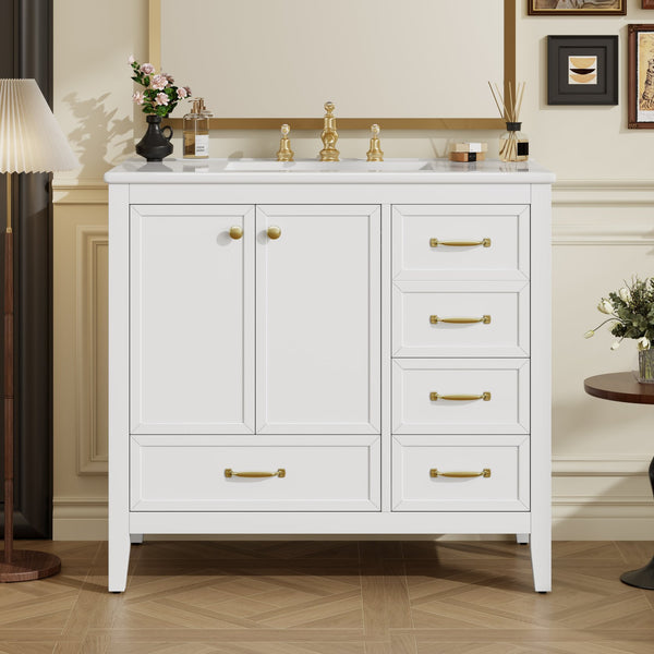 English Elm Christopher Knight Home® - 36" Vintage-inspired Bathroom Vanity with Ceramic Sink, Solid Wood Frame, Soft-Close Drawers, Spacious Storage White N759P293646K