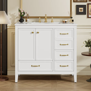 English Elm 36" Solid Pine Bathroom Vanity with Ceramic Sink 4 Soft Close Drawers Vintage Style White N759S293646K