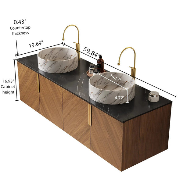 English Elm ARAI 60" Bathroom Vanity with Dual Ceramic Vessel Sinks, Sintered Stone Top, Plywood Storage Cabinet with Soft-Close Doors and Brushed Gold Handles Black,Brown Oak,Stone White W2615S00447