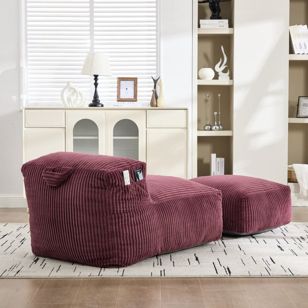 English Elm Big Corduroy Lounger Bean Bag with Ottoman Memory Foam Fill for Living Room Wine Red W395P435354