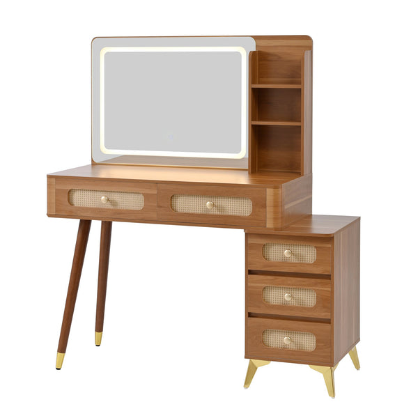 English Elm 47''Vintage Elegant Makeup Vanity with Lights and Mirror, 5-Drawer Rattan Design, Solid Wood Craftsmanship Walnut 46 L x 27 W x 8 H N733P337468M