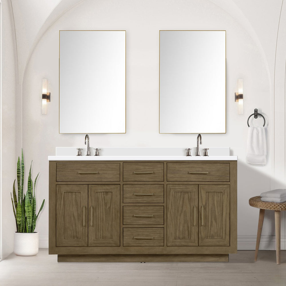 English Elm Grey Oak Double Bath Vanity Set With Cultured Marble Top & 28” Mirrors, Perfect For Modern Bathrooms B2731S01536