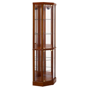 English Elm 6 Shelf Lighted Corner Curio Cabinet with Adjustable Tempered Glass Shelves, Acrylic Mirror Back, Solid Wood Frame Oak W1693P170925