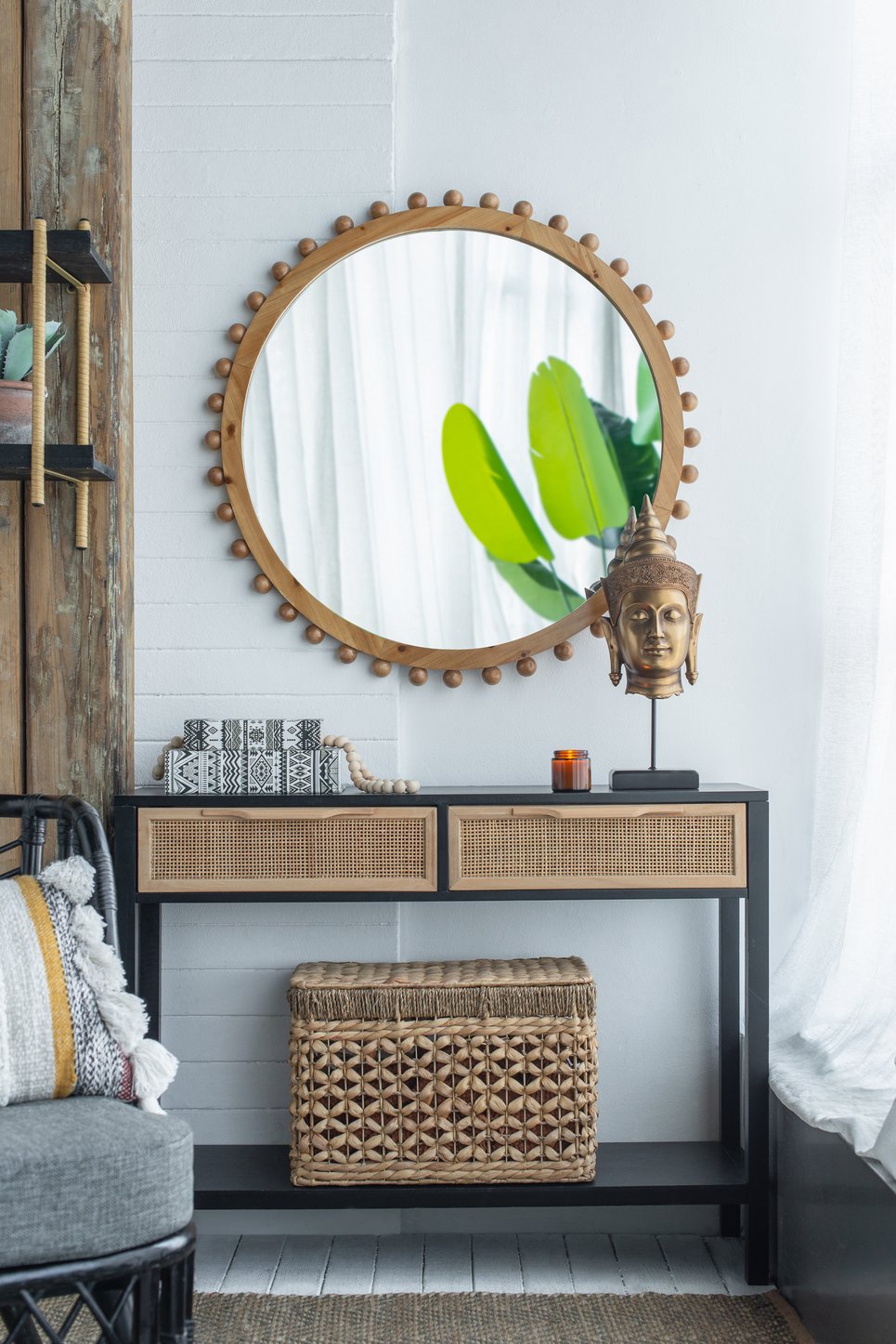 English Elm 7x7.5x19.7" Buddha Statue Head on Stand — Elegant Resin Zen Decor for Living Room, Hallway Accent Piece, 18x18x8" W2078P391152