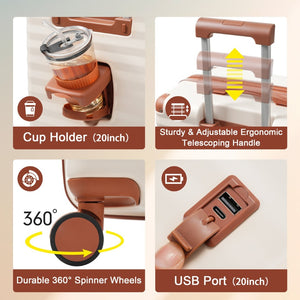 English Elm Luggage 5 Piece Abs Hardshell Travel Set with Usb Port Spinner Wheels and Tsa Lock Brown+White N732P265290K