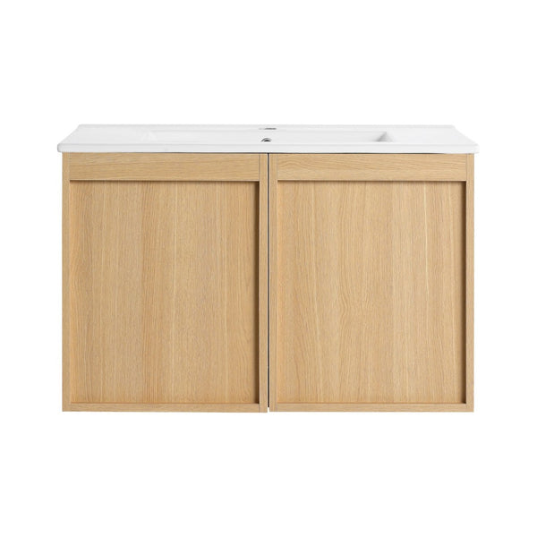 English Elm 30" Floating Bathroom Vanity Dark Oak Cabinet Ceramic Sink Open Shelf Soft Close Glossy White,Light Oak W3450P435844